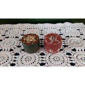 Painted Rosemaling Swedish Folk Art Round Trinket Boxes 2pc Cottage Hobbit Core